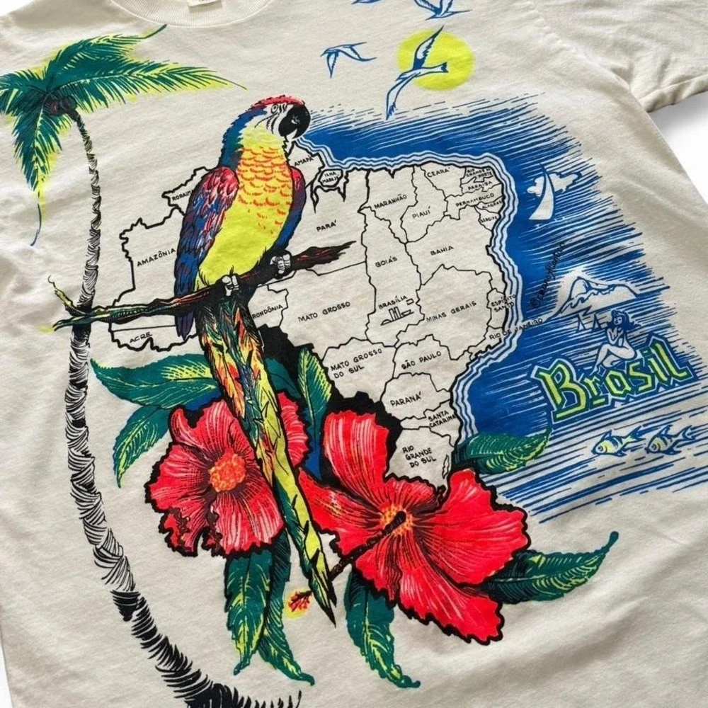 Vintage 90s Brazil Neon Parrot Nature Art Graphic Retro T-shirt L 21x29.5 - Picture 4 of 7